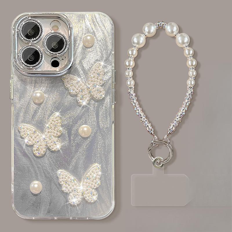 The Three-dimensional Pearl Butterfly Bracelet Is Suitable for Apple 16, Down Gauze Phone Case 13, Pro Max and Simple Xiaomi 15
