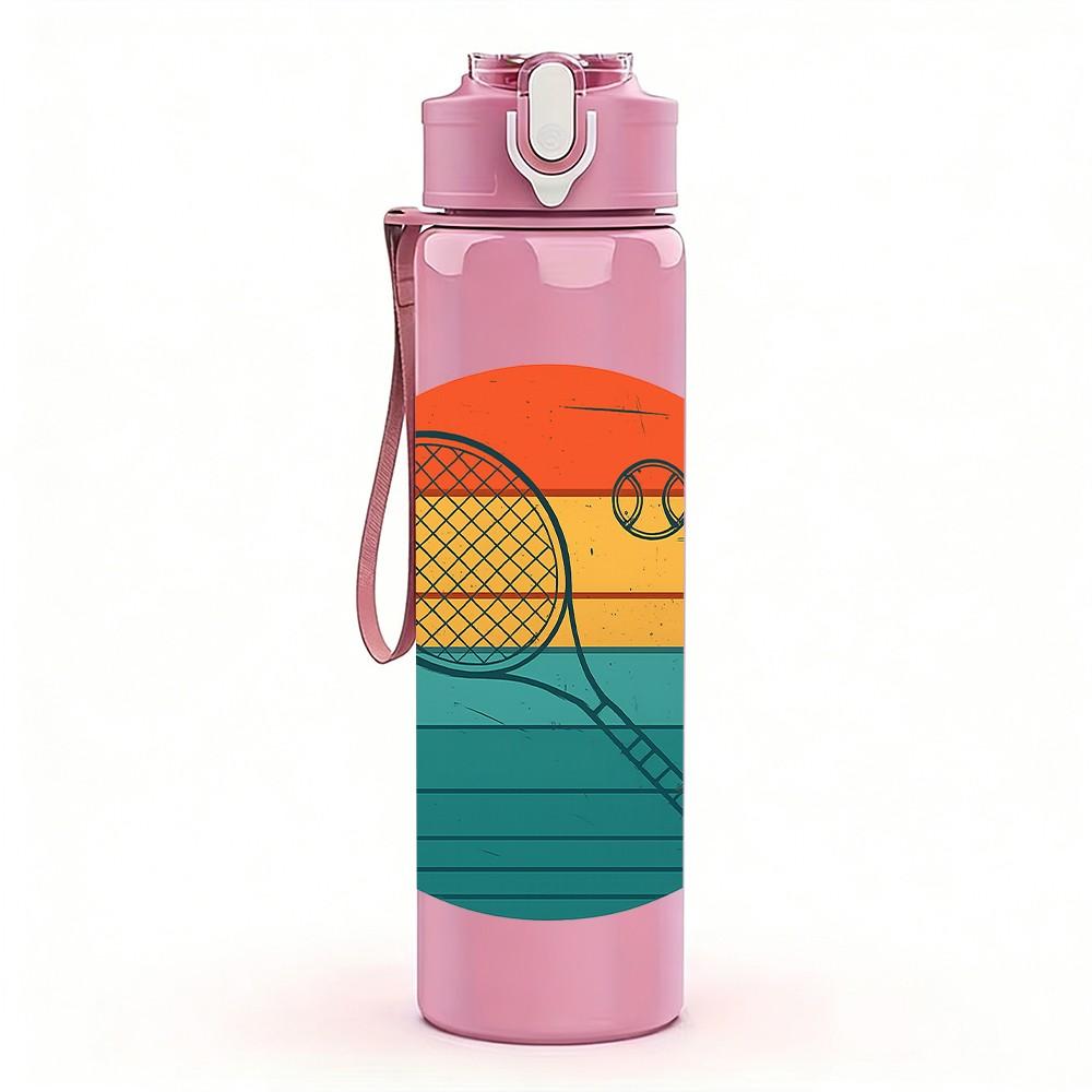 1PC Tennis Racket Sunset Circle 750ml Color Plastic Sports Water Bottle Leakproof Flip Straw Lid Suitable for Sports Office Home Use