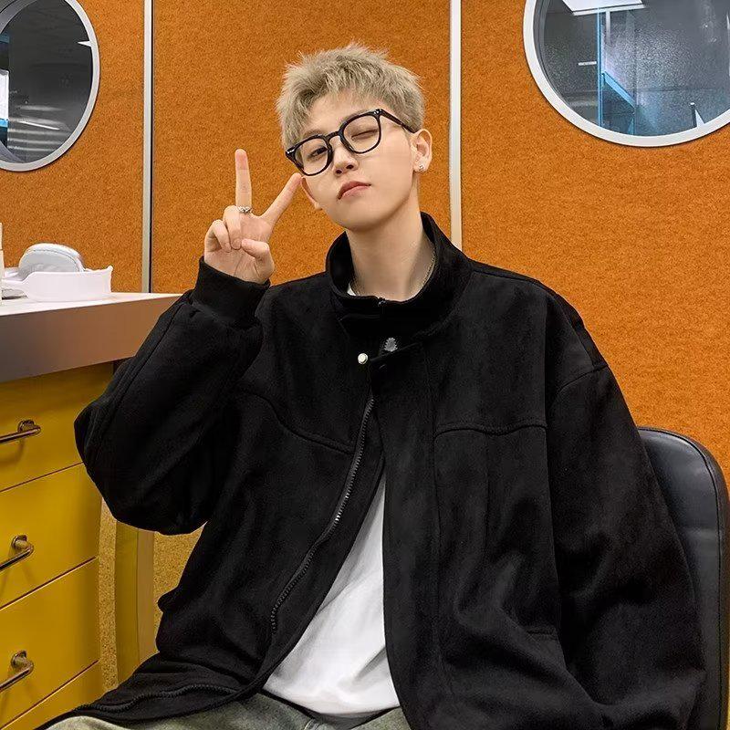 Men's Suede Plush Retro Stand Collar Jacket - Spring/Autumn 2025 Trendy Loose Fit