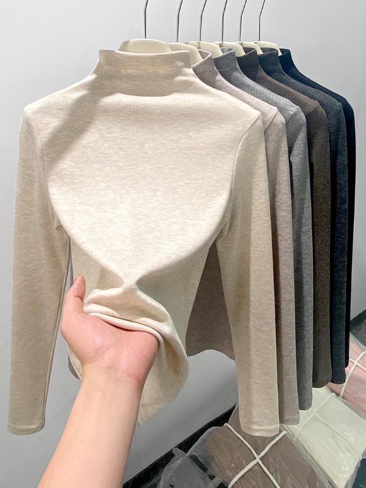 Women's H393 High-Neck Slimming Base Layer: Warm Long-Sleeve Solid Mid-Neck T-Shirt for Autumn/Winter.