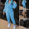 Set Trening Plușat Culoare Solidă pentru Femei 2 Bucăți Top cu Mânecă Lungă și Guler Ridicat și Pantaloni Groși cu Talie Elastică Îmbrăcăminte Sport