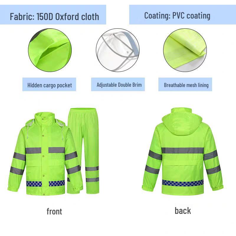 Unisex Reflective Raincoat and Pants Set for Motorcyclists and Delivery Riders - Waterproof and Split Design for Heavy Rain.