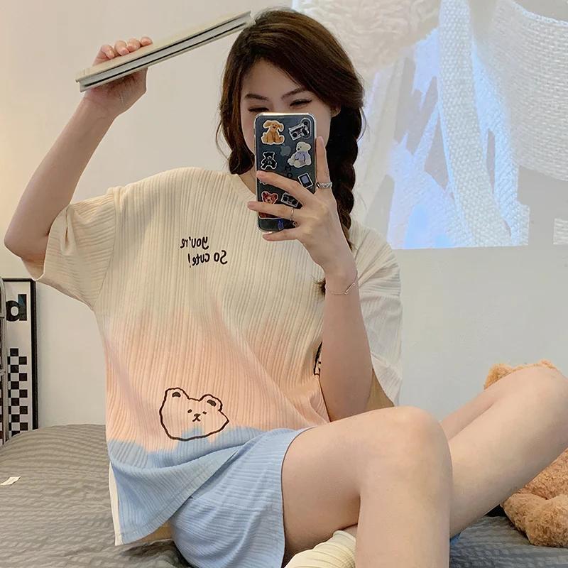 Summer Woman Pajama Cotton Cartoon Sleepwear Orange Cartoon Printing Pyjamas Set Young Lady Shorts Pullover Lingeries