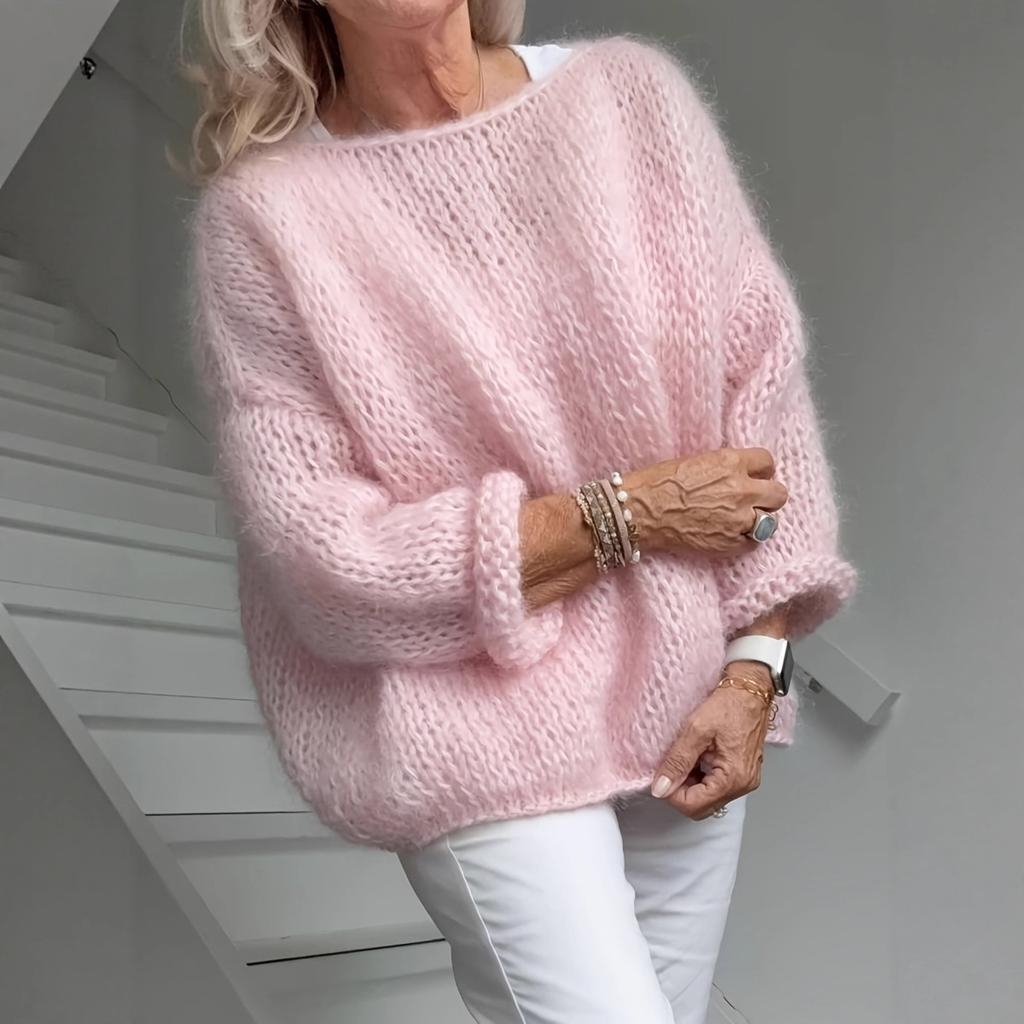 Damski sweter oversize z okrągłym dekoltem i długim rękawem, gładki, puszysty, dzianinowy top