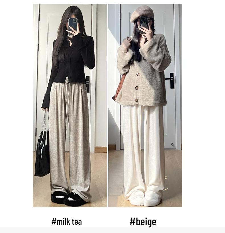 Petite 145 Women's High Waist Wide Leg Knit Pants - Spring/Autumn Casual Loose Fit, Straight Leg Glutinous Rice Sweatpants 150.