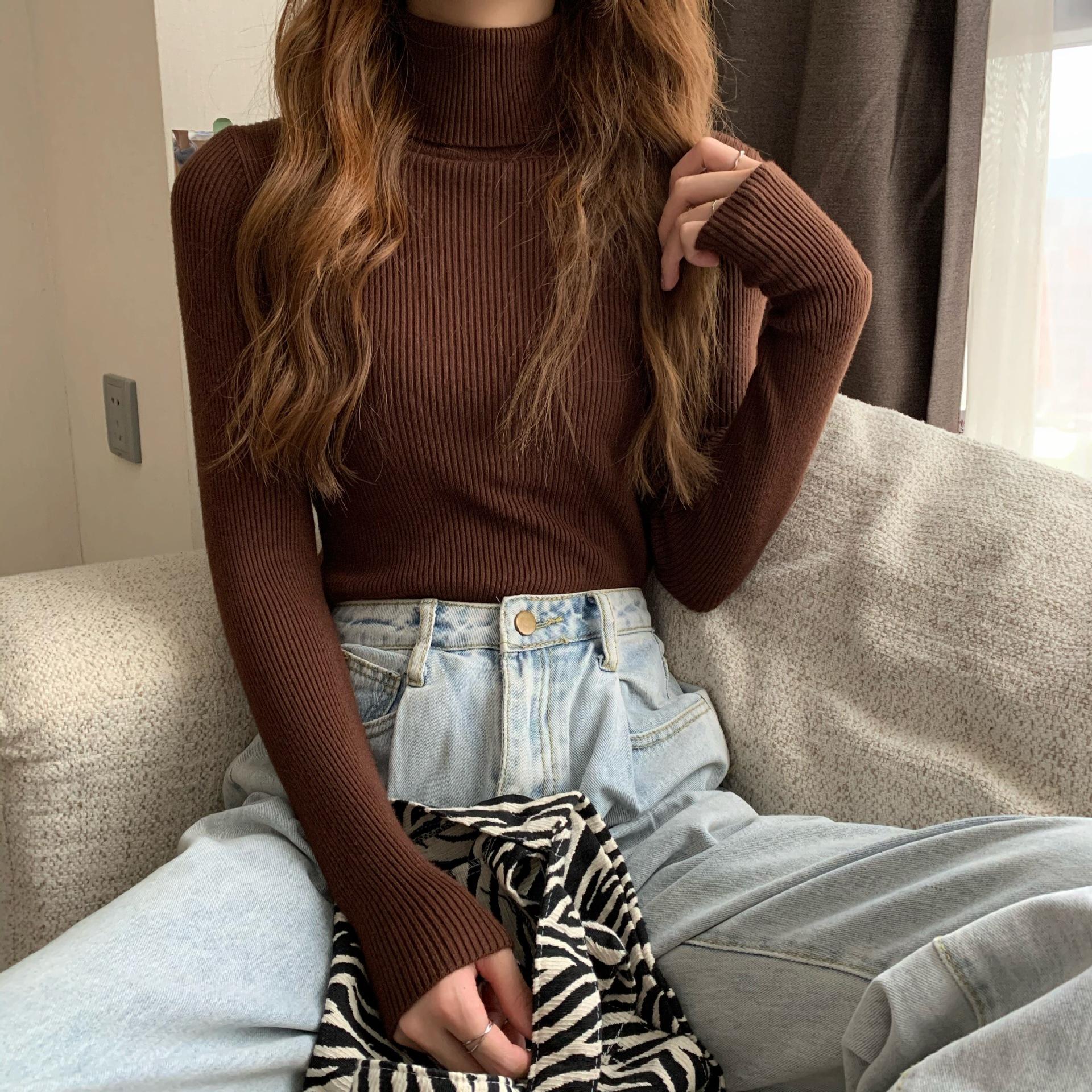 

Зимняя водолазка, женский свитер, вязаный пуловер, мягкий тонкий топ с длинными рукавами, однотонный базовый джемпер с высоким воротом, женская одежда One Size коричневый