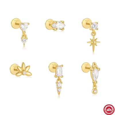 Fashion S925 Sterling Silver Love Double Buckle Crown Inlaid Daily Wear Cartilage Spiral Puncture Stud Earrings