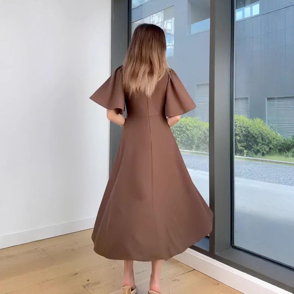 2025 Summer New Women's V-neck Solid Color Waist-cinching Dress