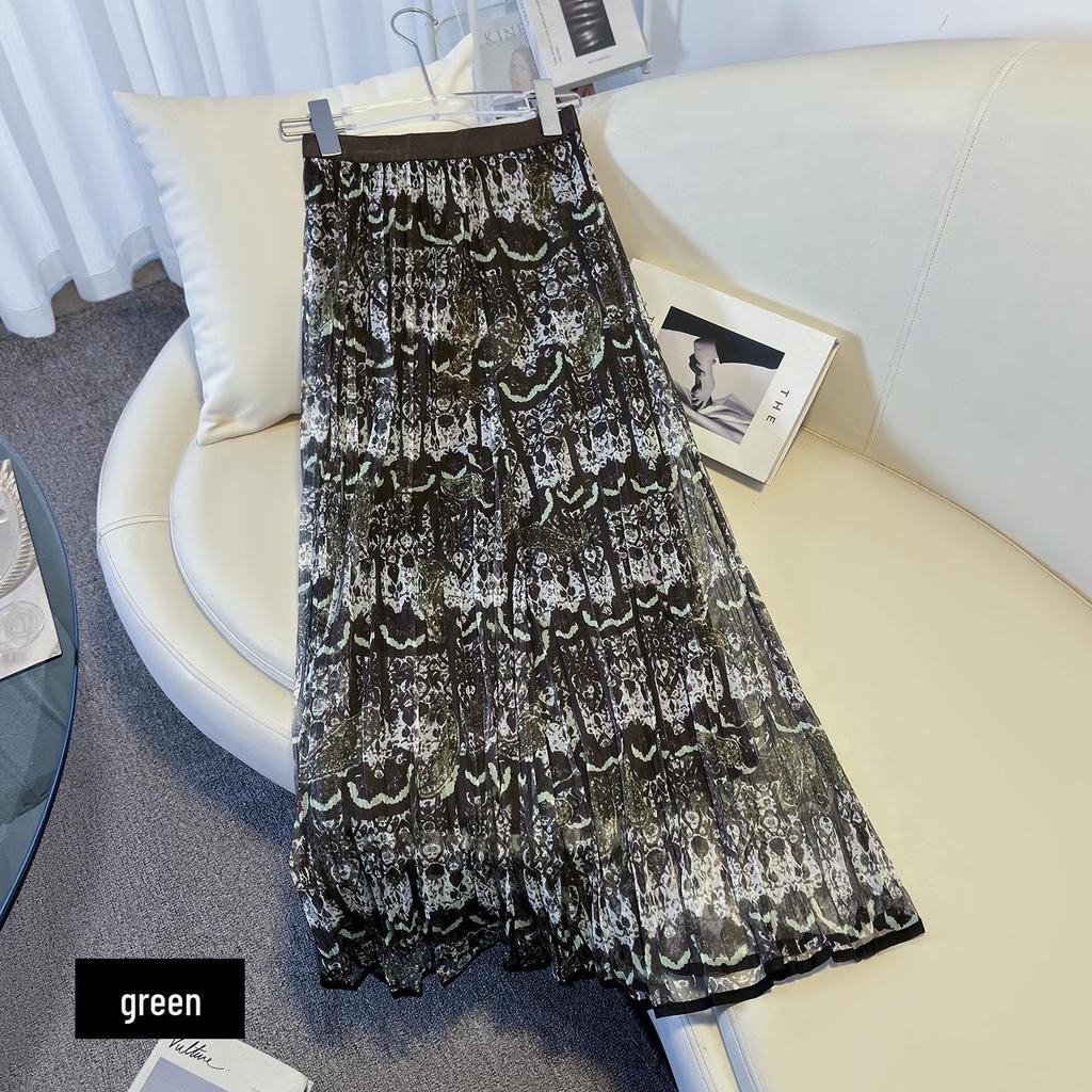 Women's High-Waist Slimming Retro Ethnic Mesh Pleated Skirt - 2026 Spring Collection