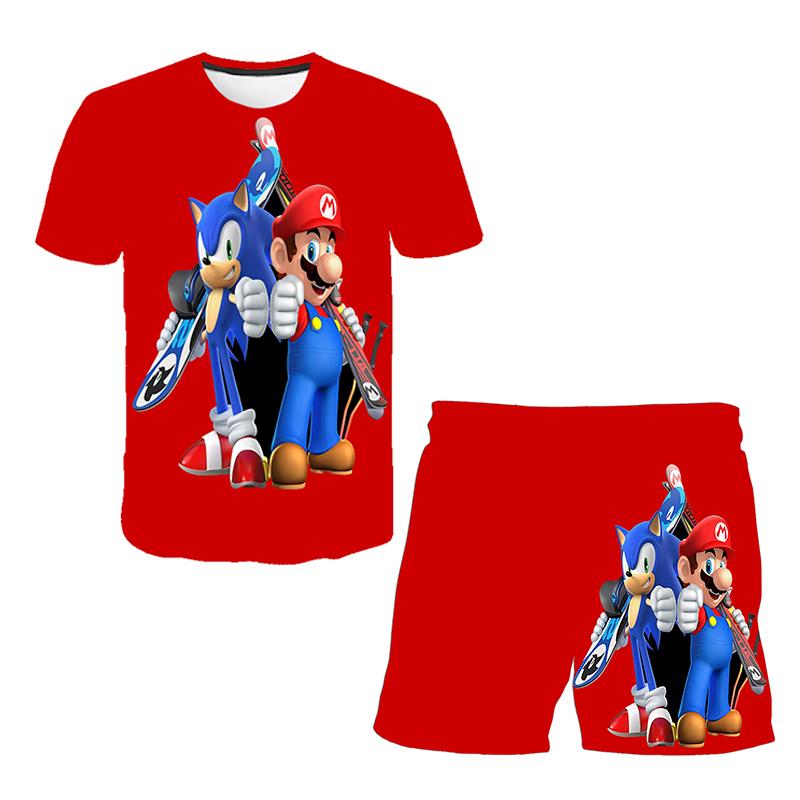 2025 MINISO Ny Japansk Tecknad Sonic 2 T-shirt Barnens Topp Shorts Tvådelat Set Sommar Pojke Tecknad Söt SONIC T-shirt+ Strandbyxor
