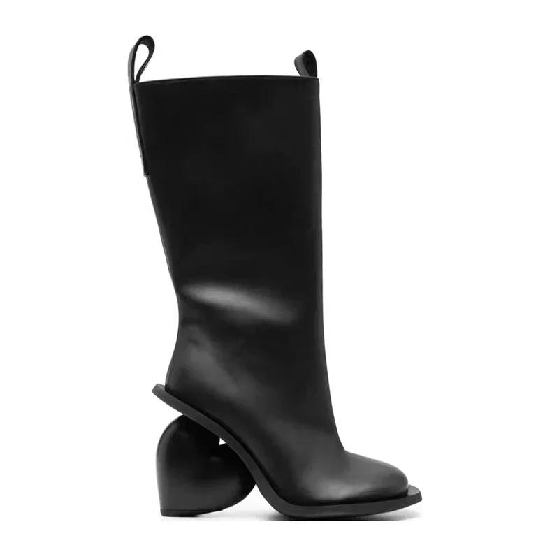 Fashion New Retro Sexy Round Toe Peach Heart Heel Side Zipper Knee High Boots European American Fashion Show Color Blocked Women's Boots