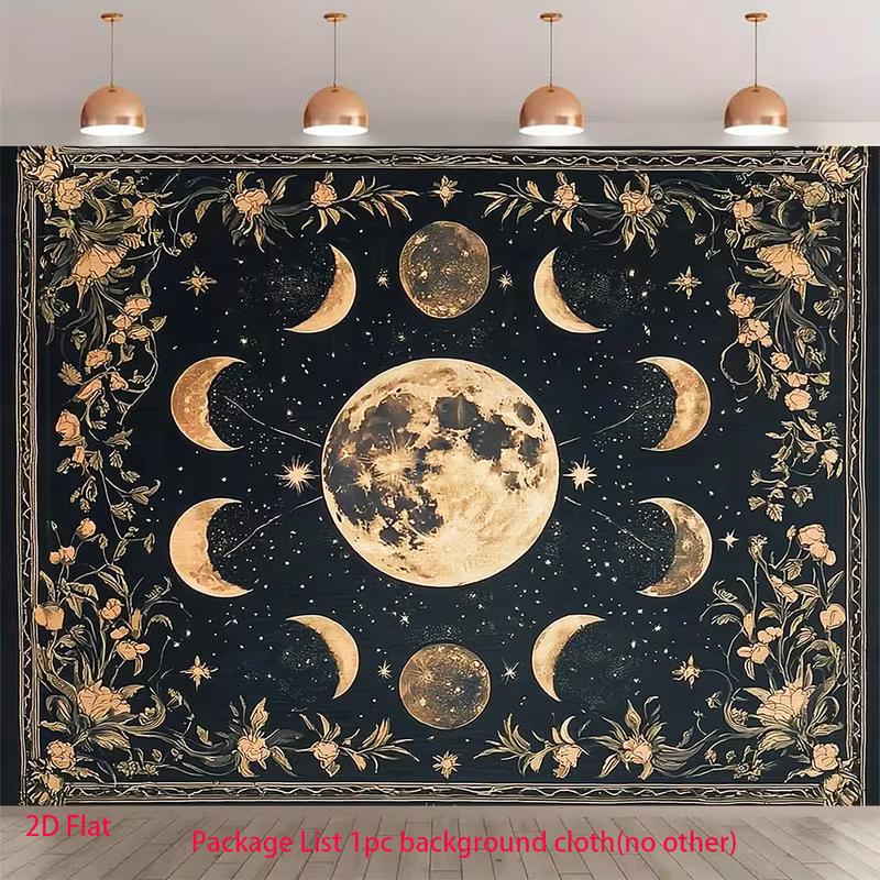 2D Boho Celestial Wall Hanging - Moon Phase & Flower Border Background Cloth 47.2x31.5inch/120*80cm