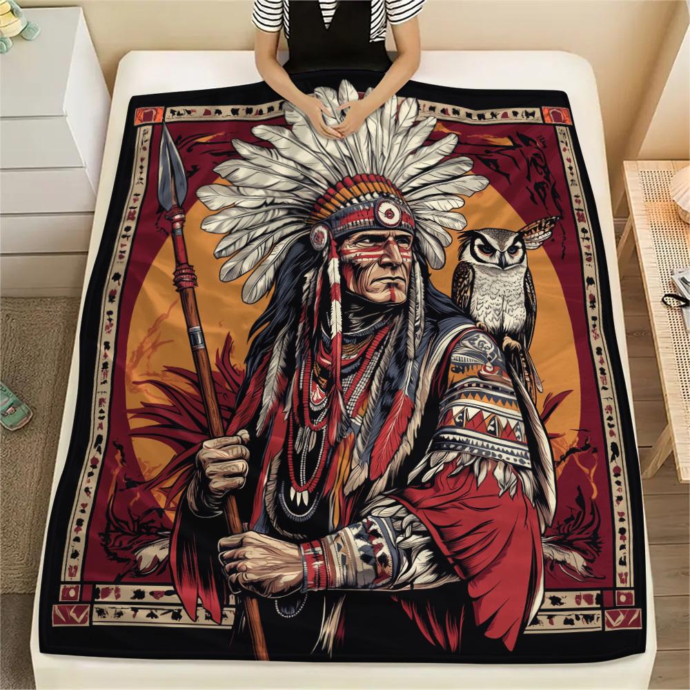 Native Americans and Animals  Print Flannel Blanket, High Quality Comfortable for All Seasons, Home Decor, Warmth and Comfort