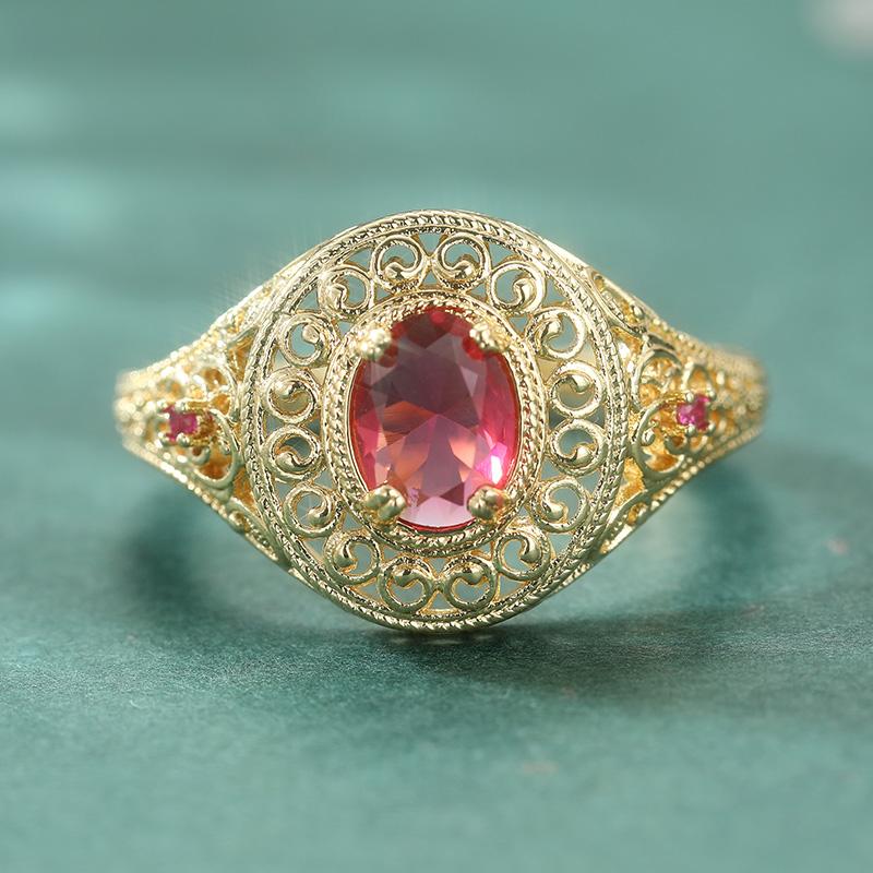 Vintage Inlaid Red CZ Women's Ring Aesthetic Gold Color Hand Carving Hollow Daily Wear Party Jewelry Anniversary Gift
