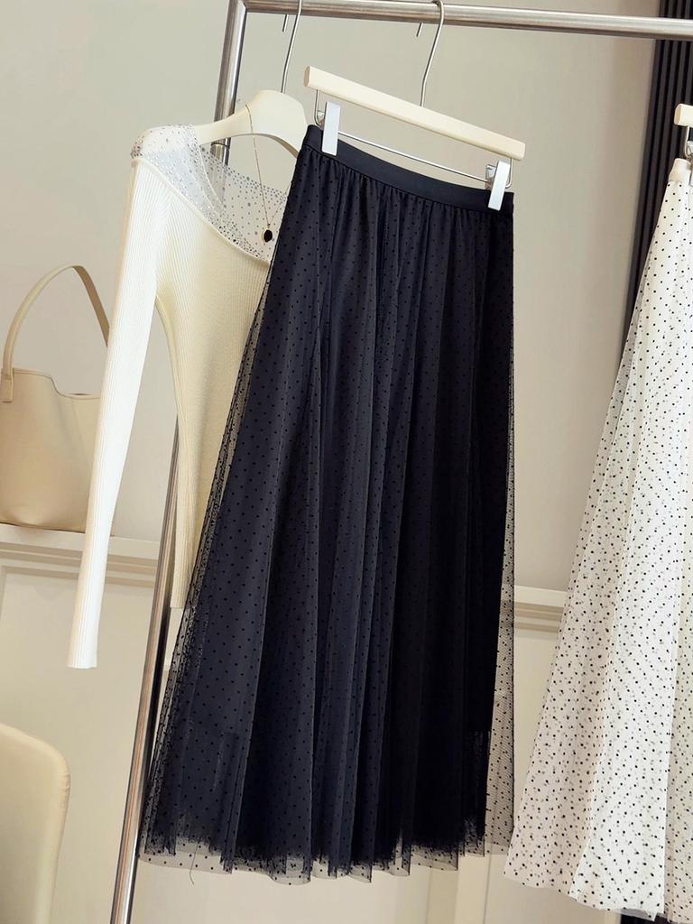 Korean Polka Dot High-Waisted Mesh Midi Skirt, Spring/Summer 2026, Elegant A-Line with Drapey Wide Hem.