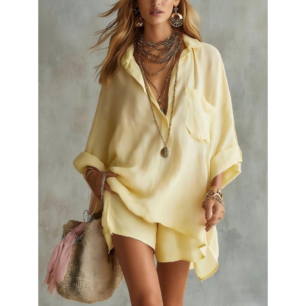 Women's Loose Long Sleeve Shirt and Shorts 2 Piece Set Casual Summer Beach Outfit
