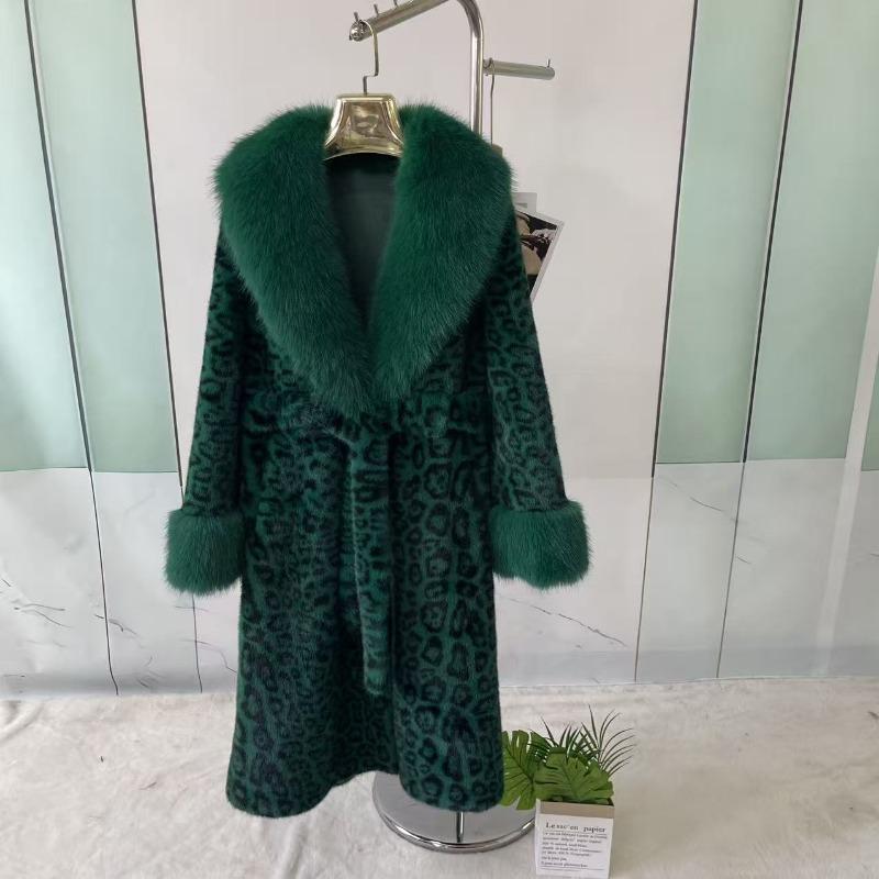 Winter Leopard Print Imitation Mink Jacket Temperament Winter Fashion Extended Shawl Fur Collar Coat Women