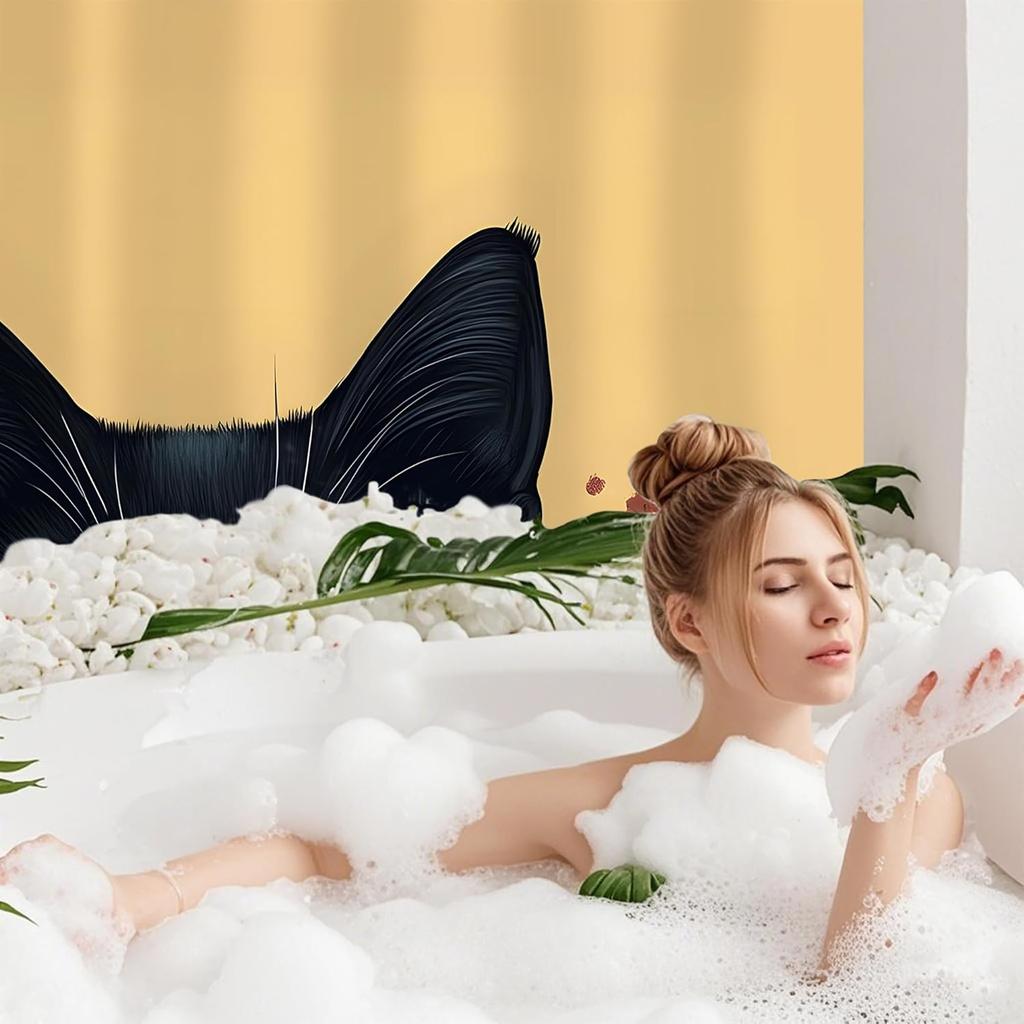 Black Cat With Flowers Shower Curtain,Bathroom Shower Curtains Bathtub Home Decor Waterproof Fabric Machine Washable With 12 Hoo