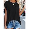 2026 Summer New Women's Solid Color Round Neck Pocket T-Shirt, Loose Casual Side Slit Short Sleeve