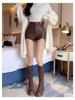 Women's Brown Leather Hip-Hugging Slimming Bootcut Shorts, Autumn/Winter 2025 Korean Style, Irregular Skinny Fit