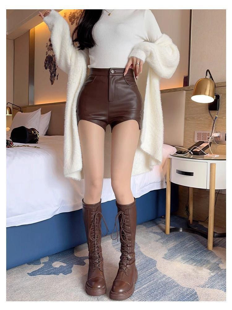 Women's Brown Leather Hip-Hugging Slimming Bootcut Shorts, Autumn/Winter 2025 Korean Style, Irregular Skinny Fit