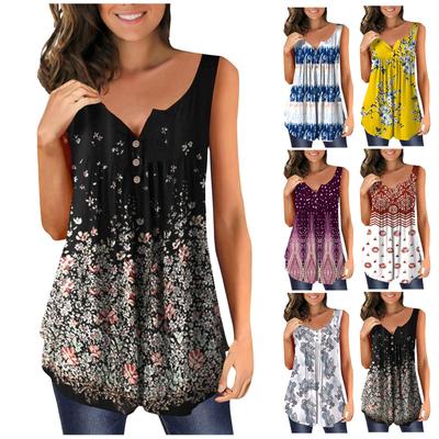 Women's Fashion Printed Pleated Sleeveless Casual T-shirt Vest Button Top