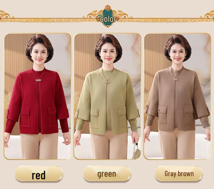 Conjunto de Punto de Dos Piezas de Lana Roja Hengyuanxiang para Mujeres de Mediana Edad y Mayores - Atuendo Feliz para el Día de la Suegra Otoño/Invierno.