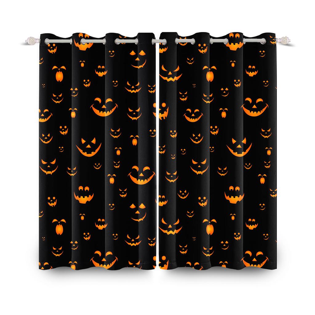 2pcs/set Horror Halloween Window Curtain Bat Spider Pumpkin Ghost Haunted House Home Decor Blackout Polyester Fabric Curtains