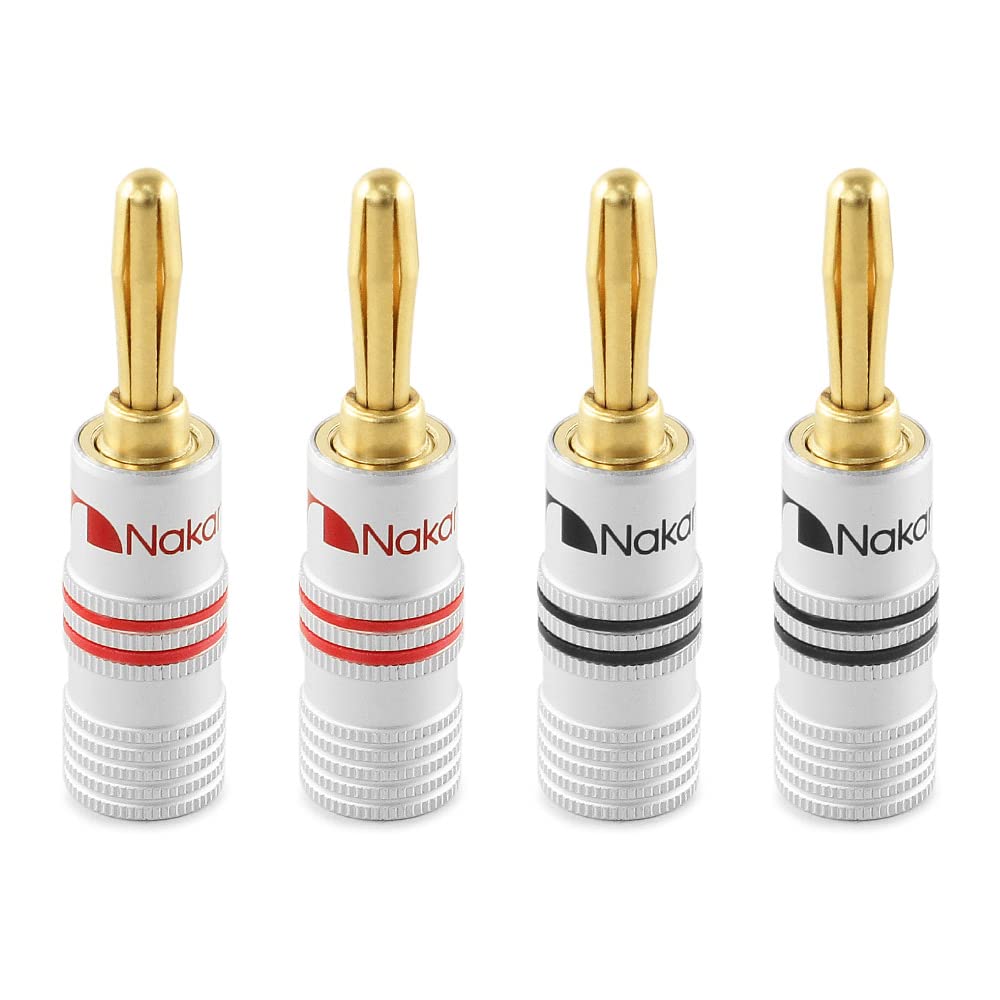 

Nakamichi Banana Plugs, 24K Gold-Plated Speaker Cable Connectors, Aluminum Metal Shell, 12AWG-18AWG, 4mm Gauge (4-Pack (2 Pairs, Banana Plugs))