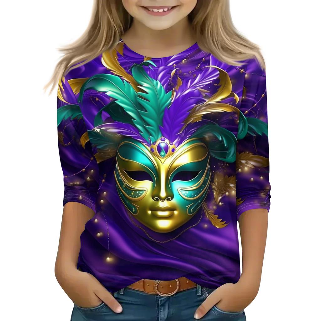 Print Tops For Youth Girls Round Neck 3/4 Sleeves T-Shirts Trendy Tops Outfit Tees