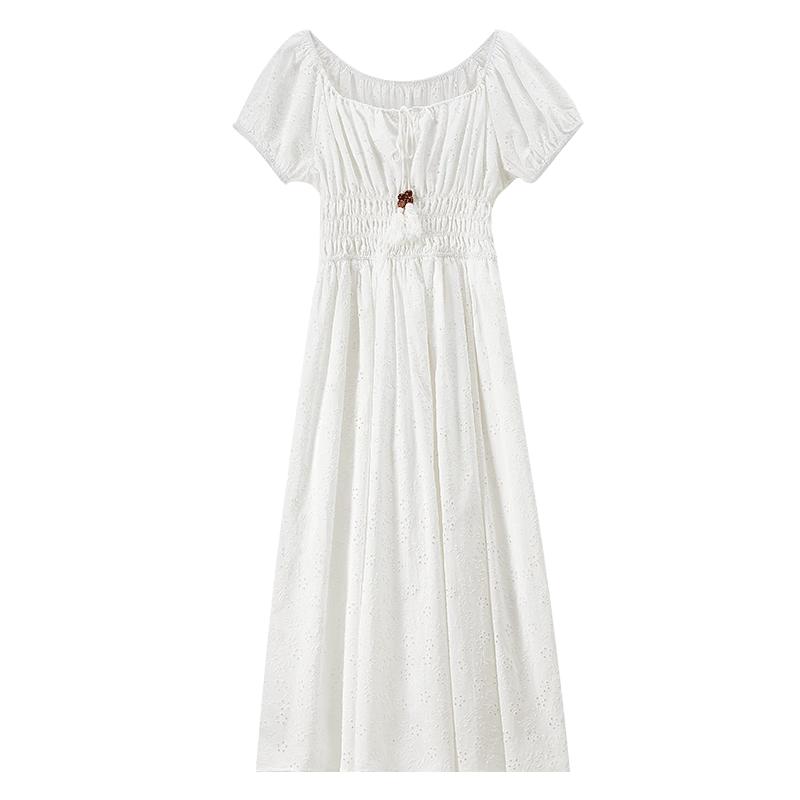 Elegant Women's Embroidered Cotton Square Neck A-Line Midi Dress