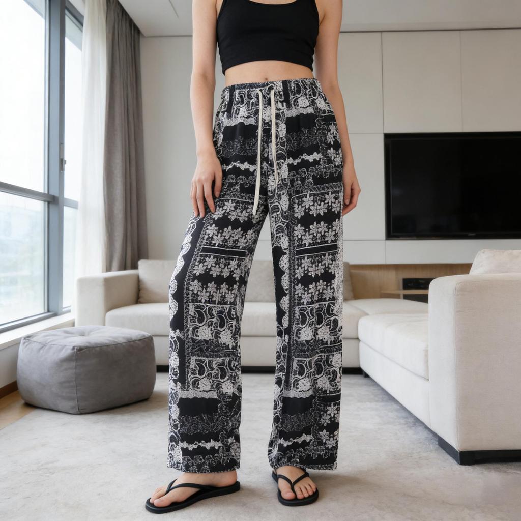 Black & White Striped Wide-Leg High-Waist Summer Pants for Women - Ink Painting Style, Slim Fit, Loose Draped Ice Silk Casual Trousers.