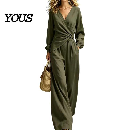 Women Two-piece Suit Women's Long Sleeve 2 Piece Sets, Irregular Hem V Neck Top Everyday Casual And Wide Leg Pants Matching Travel