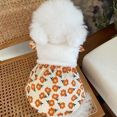 Haustier Blumenkleid Hundekleidung Herbst Winter Plüsch Fliegenärmel Strickjacke Rock Teddybär Hund Katze Plüschmantel Welpe Kleiner Hund Kleid