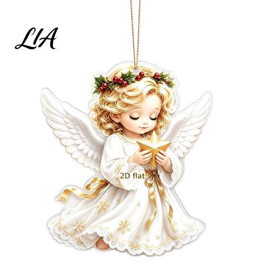 Festive Tree Ornament Christmas Angel Pendant with Lanyard, 2D Flat Acrylic Hanging for Party Decor Decoration, Cute Holiday Car Window Decoration