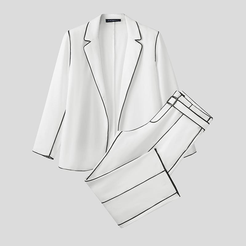 

INCERUN Autumn Oversized Two Pieces Outfits Men Stitching Long Sleeve Blazer Long Straight Pants Sets