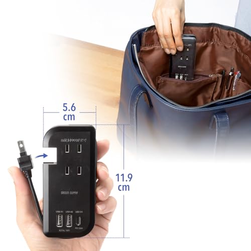 SANWA SUPPLY PD33W Power Strip with Cord Retractor (3 AC Outlets + 1 Type-C + 2 USB-A), Mobile, Compact, Black, TAP-MCU3BK