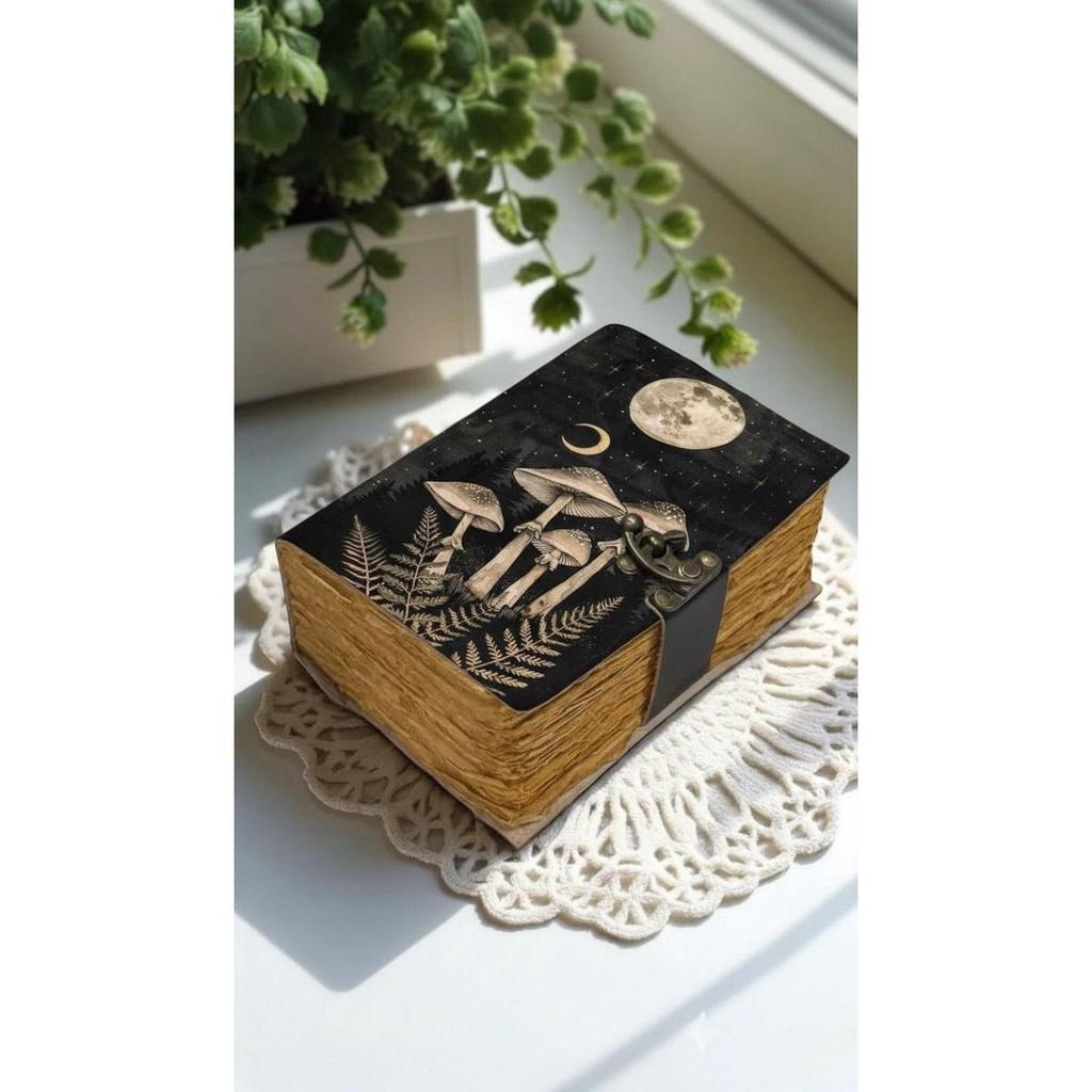 Handmade Mushroom Leather Journal, Fairy Moon Grimoire Notebook with Deckle Edge Paper, Cottagecore Fairycore Spell Book of Shadows