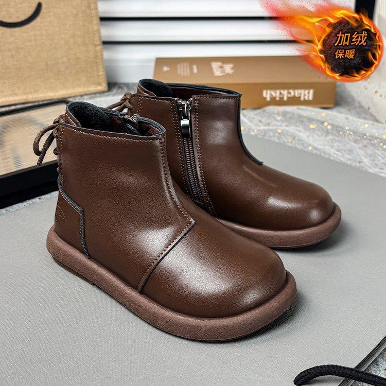 Mädchenstiefel Kinder Kurzstiefel Schwarz Martin Stiefel 2025 Herbst und Winter Neu Fleece Kleines Mädchen Lederstiefel Prinzessin Schuhe