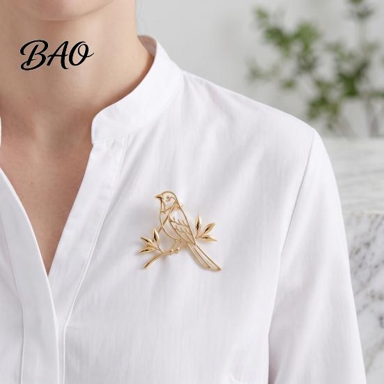 Elegant Bird Brooch Golden Plated Hollow Brooch, Standing on Branch Lapel Pin, Hats Bags Scarves Clothes Decorative Accessory Women Dresses Jewelry