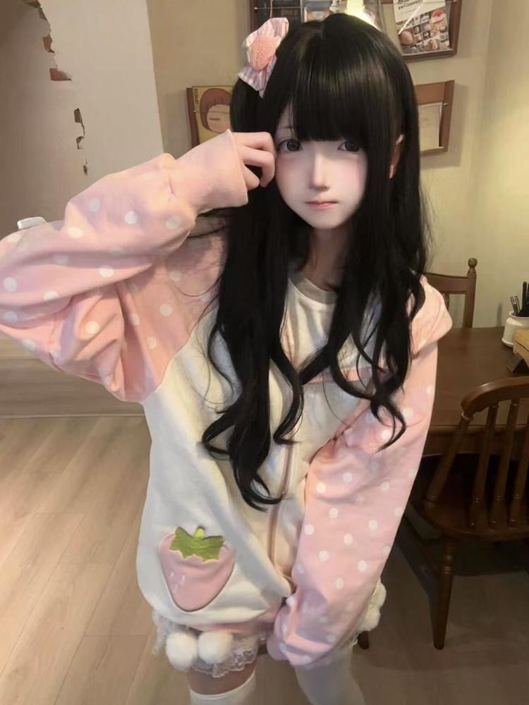 Felpe con Cappuccio Giapponesi Aoaiiys Donna Orecchie da Coniglio Kawaii Capospalla Largo Stampa Pois Fragola Felpa Estetica Autunno Inverno Nuovo