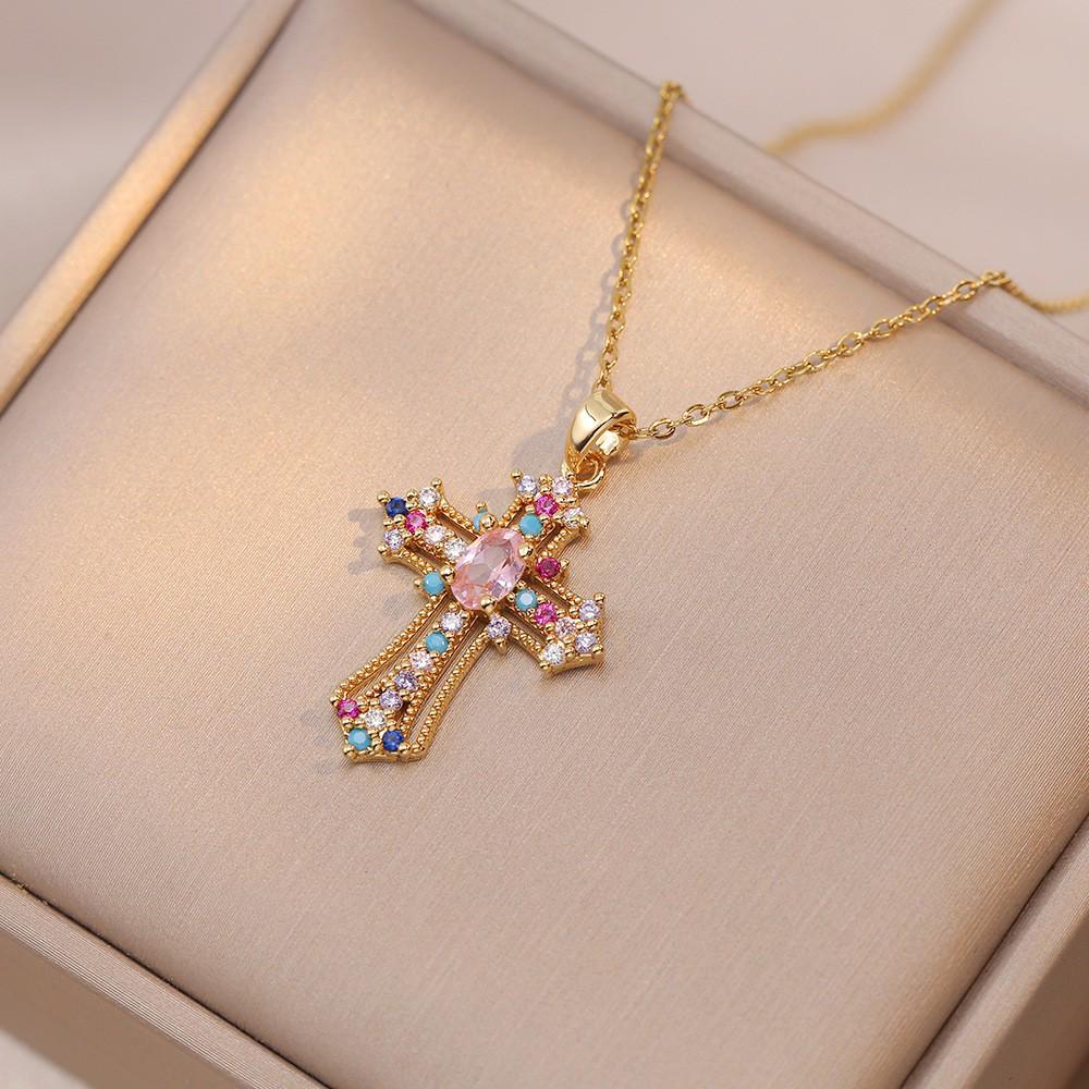 Damen Bunte Zirkon Kreuz Halskette - Nischendesign mit Voll-Diamant-Anhänger an Edelstahlkette
