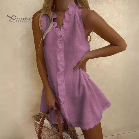 Breathable Summer Dress Ruffle Mini for Women, Sleeveless V Neck Cotton Skirt Linen Short Dress, Boho Beach Vacation Casual A-Line Sundress Bohemian