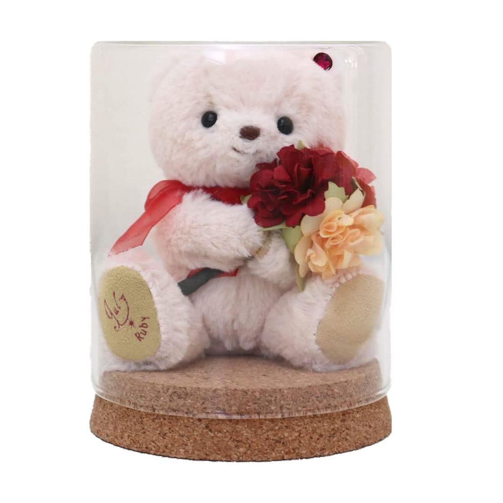 Birthday Teddy Bear Mini Flower Glass Gift Tete [Petit Lou] & Bouquet, (July)