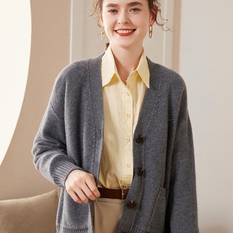 Women's American Style Loose Knit V-neck Cardigan - Casual Spring/Autumn Long Sleeve Outerwear