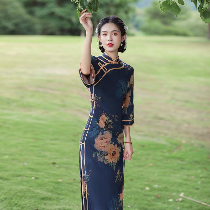 Qipao Spring and Autumn Chinese Style Vintage Print Slim High End Improved Cheongsam Dress for Women