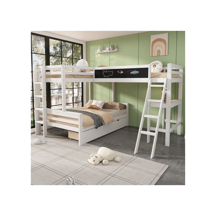 Lit superposé - MUVOE - 140x200 cm et 90x200 cm - Bureau intégré - Tiroirs de rangement - Sécurité renforcée