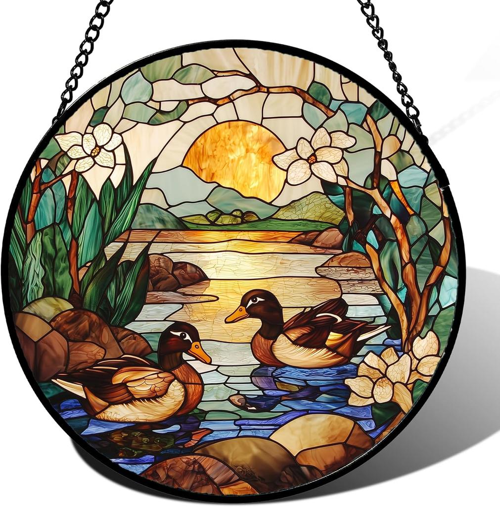 Stained Glass Window Hanging, Sunset Mountains Lake Tree Sun Catcher for Window Home Decor Landscape Suncatcher Mother's Day Birthday Gifts 7.8 in