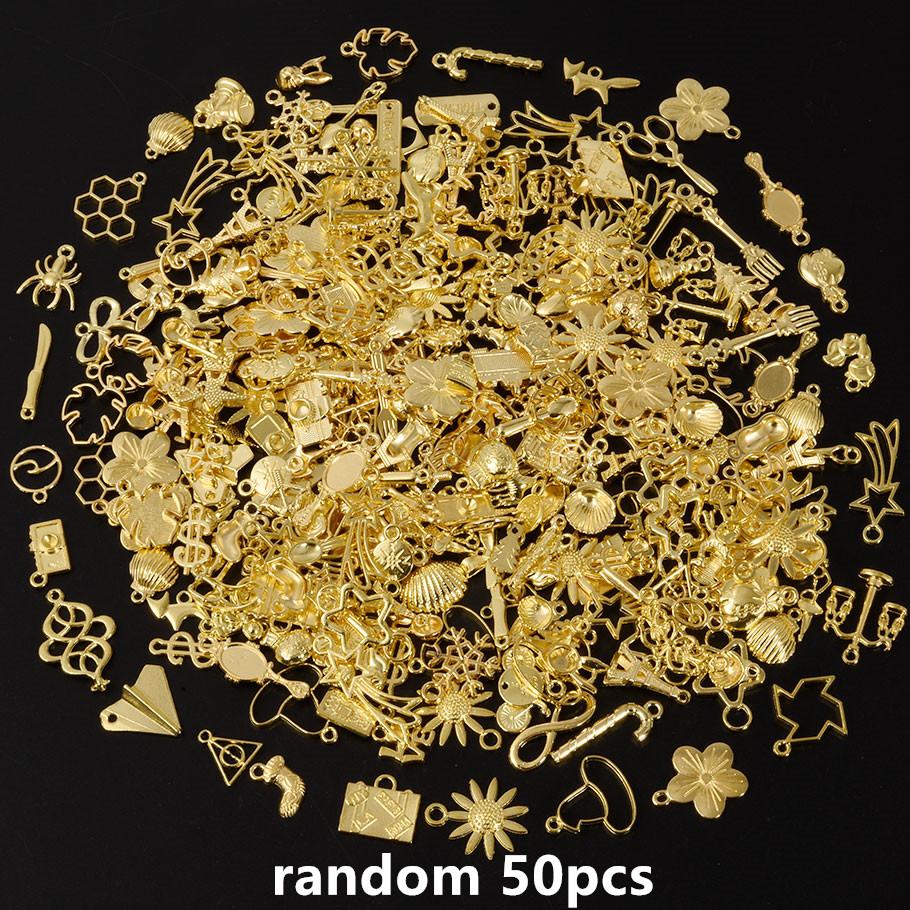KC Gold Color Random Mix Cute Metal Charm Heart Moon Flower Pendants For Jewelry Making Supplies Handmade Bracelets Charms Bulk