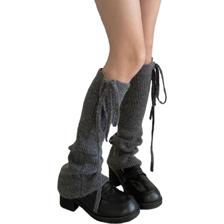 Thickened Leg Warmers with Ties Drawstring for Women Ribbed Knit Vertical Striped Boot Covers Socks for Outdoor Activity
